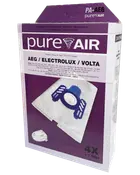 Æske med PureAir støvsugerposer til AEG, Electrolux, Volta modeller. Indeholder 4 poser og 1 filter. Kompatible modeller er angivet på emballagen. Blå plastbeslag vises på posen.