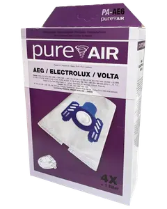 Förpackning med PureAir dammsugarpåsar för AEG, Electrolux, Volta modeller. Innehåller 4 påsar och 1 filter. Kompatibla modeller anges på förpackningen. Blå plastkoppling på påsen.
