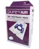 Æske med PureAir støvsugerposer til Bosch/Siemens D/E/F/G/H, indeholder 4 poser og 1 filter. Poserne har blå plastbeslag for sikker montering.