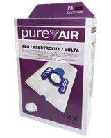Förpackning med PureAir dammsugarpåsar för AEG, Electrolux, Volta modeller. Innehåller 4 påsar och 1 filter. Kompatibla modeller anges på förpackningen. Blå plastkoppling på påsen.