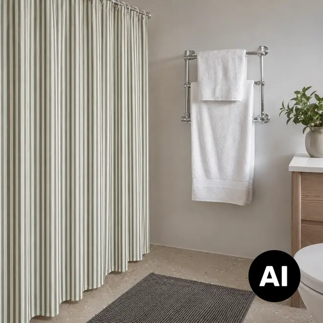 Stribet badeforhæng i et moderne badeværelse med krom håndklædestang, hvide håndklæder, gråt bademåtte og plante på skab. - Billedet er skabt med AI