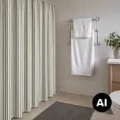 Randigt duschdraperi i ett modernt badrum med kromad handdukshängare, vita handdukar, grå badmatta och växt på kommoden. - Billedet er skabt med AI