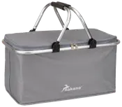 Rektangulær grå isoleret picnickurv med lynlåslåg, robust aluminiumsramme og to håndtag med sort greb. Nakano-logo på fronten. Perfekt til at holde mad og drikke koldt.