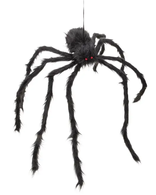 Stor svart spindeldekoration med böjbara, lurviga ben och två röda ögon. Perfekt för Halloween eller festdekoration. Lätt och enkel att hänga upp.