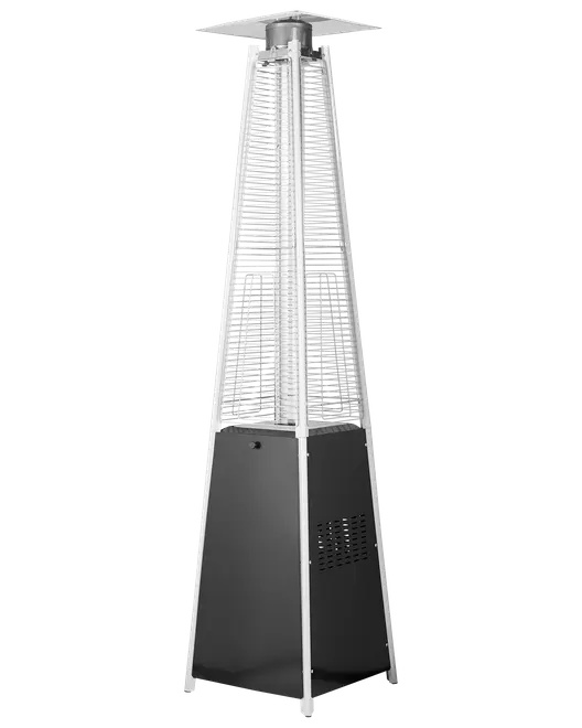 Høj terrassevarmer til udendørs brug med sort base, beskyttende metalgitter og glasrør til synlig flamme. Pyramidformet, ideel til opvarmning af terrasser eller haver.