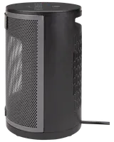 Svart cylindrisk luftrenare med perforerad metallfront, sidoventiler och strömkabel. Kompakt, modern design för små till medelstora rum. Kontroller på ovansidan.