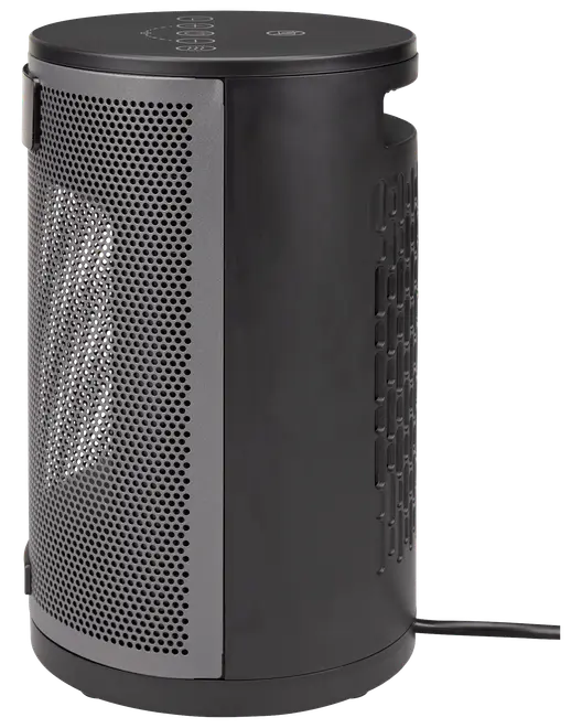 Sort cylindrisk luftrenser med perforeret metalfront, sideventiler og strømledning. Kompakt, moderne design egnet til små til mellemstore rum. Betjeningsknapper på toppen.