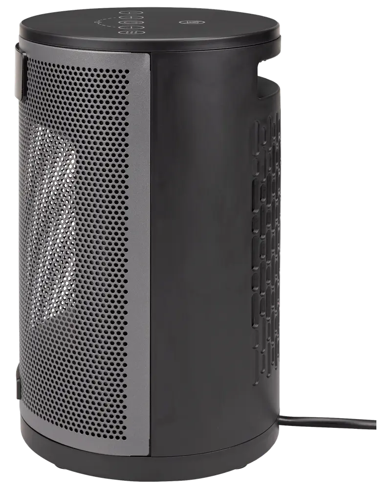 Svart cylindrisk luftrenare med perforerad metallfront, sidoventiler och strömkabel. Kompakt, modern design för små till medelstora rum. Kontroller på ovansidan.
