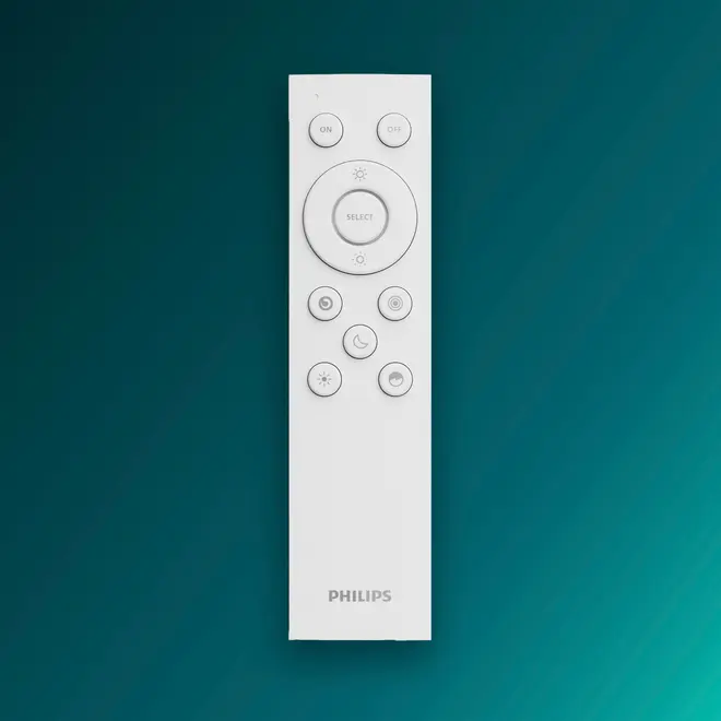 Hvid Philips fjernbetjening med flere runde knapper, inklusive ON/OFF, vælg og forskellige funktionsikoner. Elegant, minimalistisk design til belysning eller smart home-enheder.