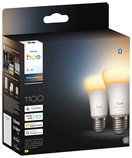 Philips Hue White Ambiance E27 smarte LED-pærer, 1100 lumen, kompatibel med Alexa, Apple Home, Google Home, Bluetooth og Zigbee, justerbart hvidt lys, pakke med to.