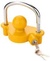 Gult släplås med rund kula, U-formad krombygel och två nycklar. Säkrar släpvagnar mot stöld. Tillverkad i hållbart metall för utomhusbruk.