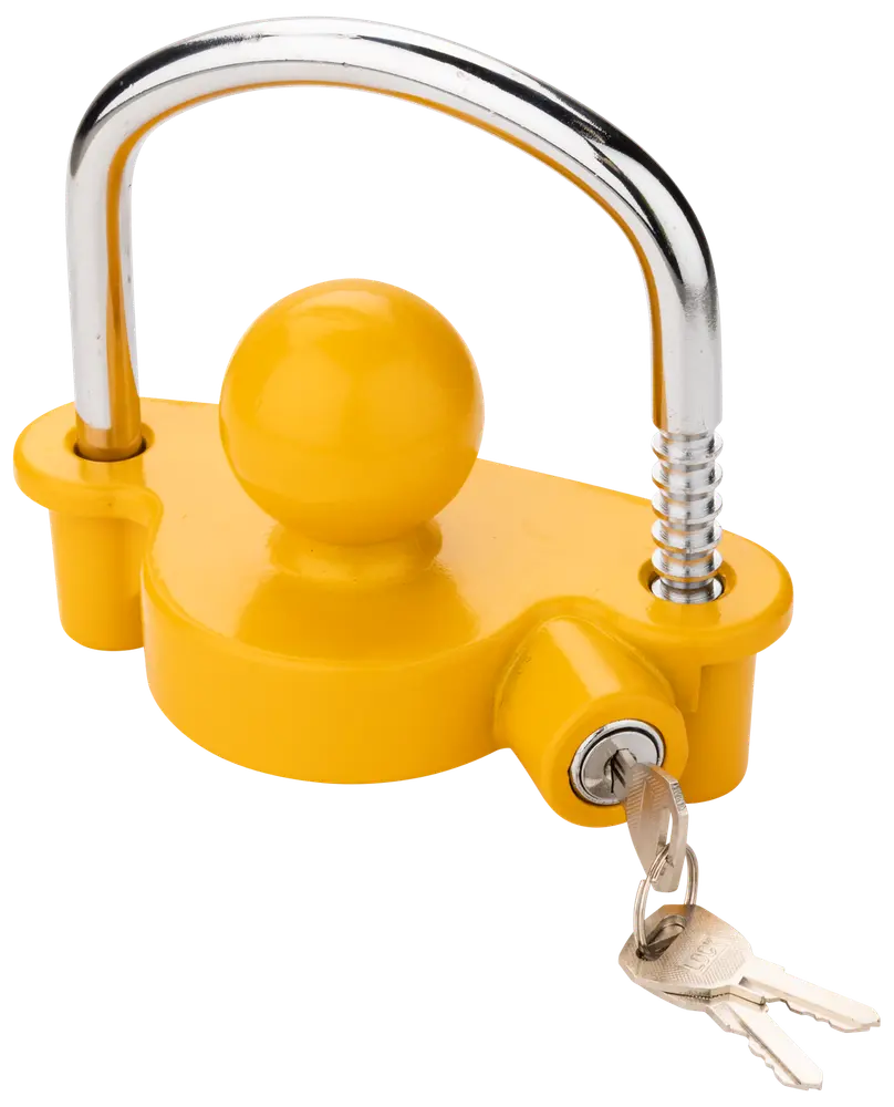 Gult släplås med rund kula, U-formad krombygel och två nycklar. Säkrar släpvagnar mot stöld. Tillverkad i hållbart metall för utomhusbruk.