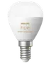 Philips Hue White Ambiance smart LED-pære med E14 fatning, rund form, hvid finish, justerbar hvid belysning, egnet til intelligente hjemmeløsninger.