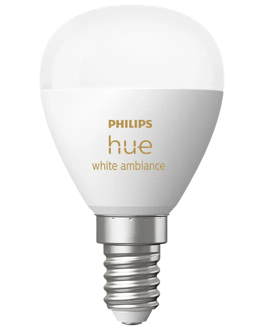 Philips Hue White Ambiance smart LED-pære med E14 fatning, rund form, hvid finish, justerbar hvid belysning, egnet til intelligente hjemmeløsninger.