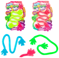 Sæt med dobbelt klæbrige hånd-legetøj, hver 4 meter lang, i klare farver (grøn, pink, blå). Super elastiske, håndformede ender, designet til sjov leg på overflader.