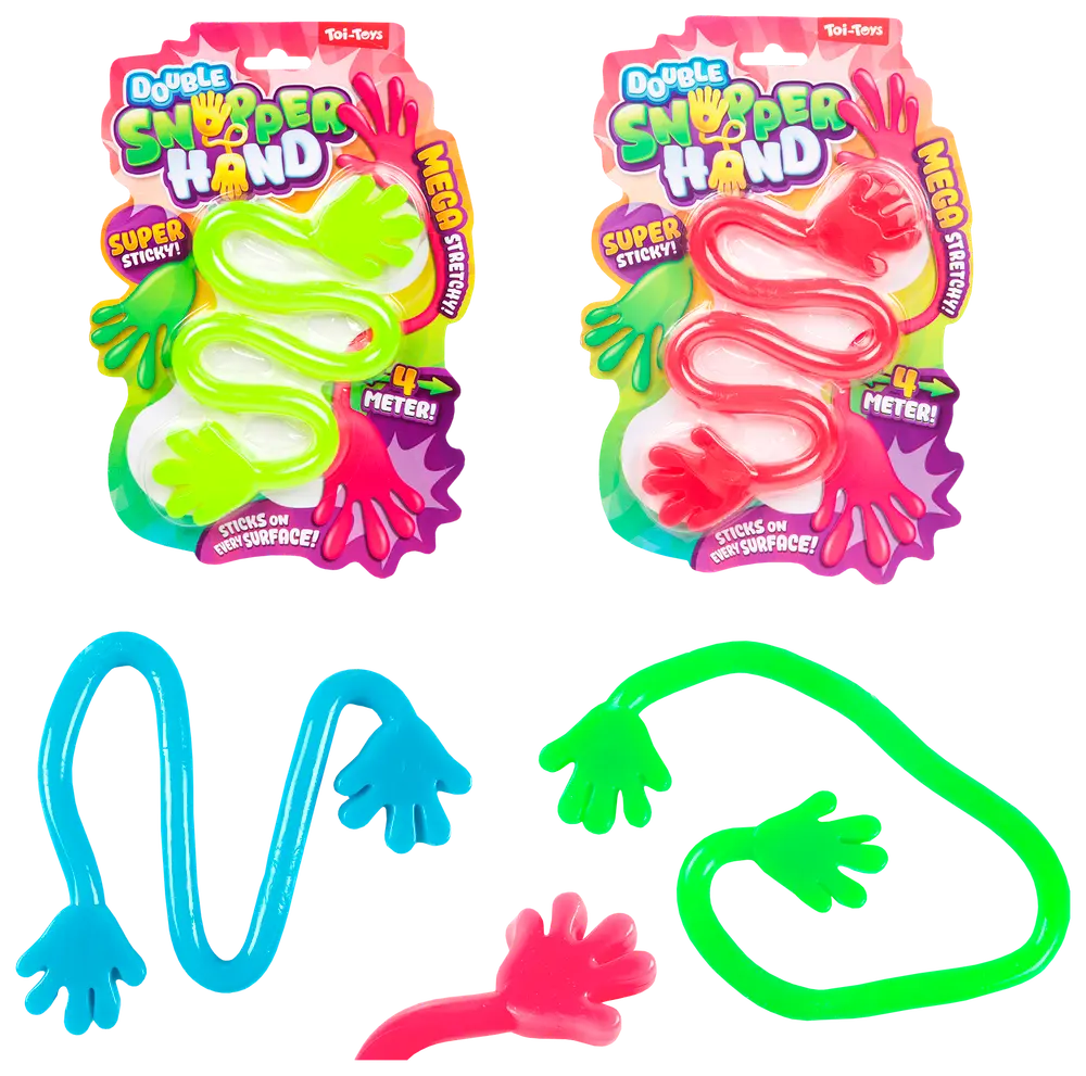Sæt med dobbelt klæbrige hånd-legetøj, hver 4 meter lang, i klare farver (grøn, pink, blå). Super elastiske, håndformede ender, designet til sjov leg på overflader.