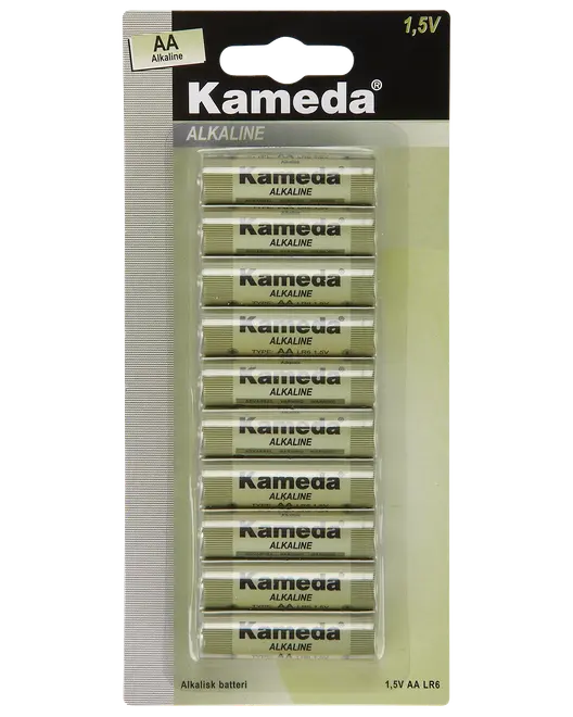 Förpackning med tio Kameda AA alkaliska batterier, 1,5V, cylindrisk form, silverfärgade, passar till olika elektroniska enheter, förseglade i plast och kartong.