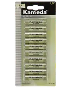Förpackning med tio Kameda AA alkaliska batterier, 1,5V, cylindrisk form, silverfärgade, passar till olika elektroniska enheter, förseglade i plast och kartong.