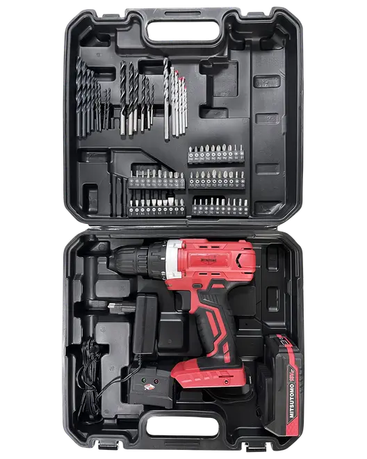 Trådløst boremaskinesæt med rød og sort boremaskine, flere bor, skruetrækkerbits, oplader og batteri, alt organiseret i en robust sort transportkasse.