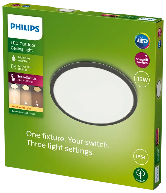 PHILIPS Loftlampe SceneSw. slim Ø25cm 15W IP54 sort