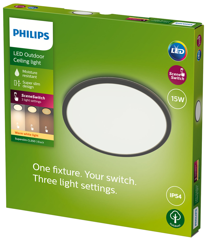 PHILIPS Loftlampe SceneSw. slim Ø25cm 15W IP54 sort