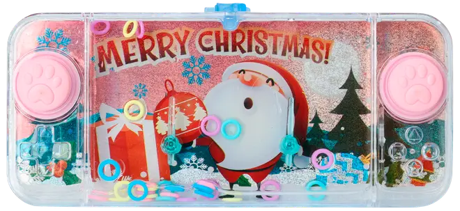 Handhållet vattenringsspel med jultema, visar jultomte, paket och granar. Transparent hölje, rosa tassknappar, färgglada ringar inuti för spel.