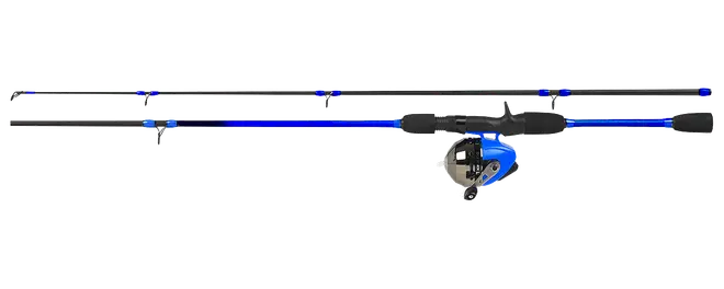To-delt fiskestang med blå og sort design, skumgreb og monteret spincast-hjul. Stangen har flere lineøjer og et slankt, moderne udseende.