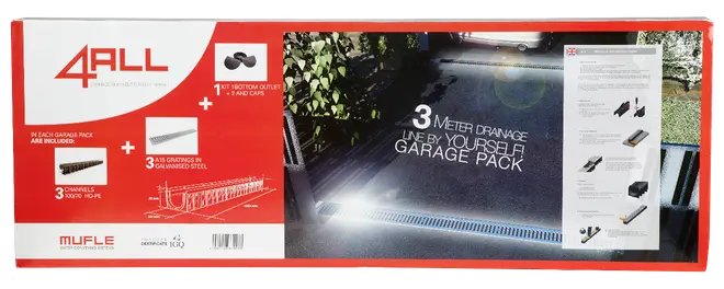 Rød og hvid 4ALL garagepakke til et 3 meter afløbssystem med HDPE-kanaler, galvaniserede stålriste, bundudløb og endestykker.