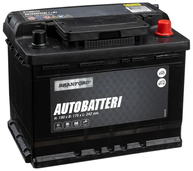Sort Branford autobatteri med bærehåndtag, tydeligt markerede poler og produktmærkat med mål: 190 x 175 x 242 mm. Velegnet til biler og varevogne, vedligeholdelsesfri.