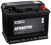 Sort Branford autobatteri med bærehåndtag, tydeligt markerede poler og produktmærkat med mål: 190 x 175 x 242 mm. Velegnet til biler og varevogne, vedligeholdelsesfri.