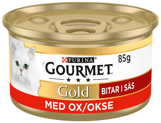 85g burk Purina Gourmet Gold kattmat, nötkött i sås, guld och röd etikett, bild på vit katt, enkel öppningsflik på locket.