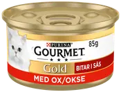 85g burk Purina Gourmet Gold kattmat, nötkött i sås, guld och röd etikett, bild på vit katt, enkel öppningsflik på locket.