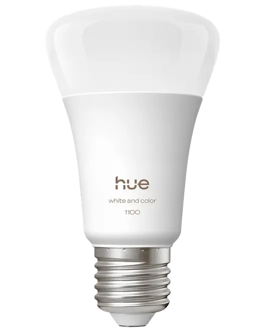 Smart LED-pære, hvid og farve, E27 fatning, mærket 'hue white and color 1100', moderne design, velegnet til smart home belysning, energibesparende, justerbar lysstyrke og farve.