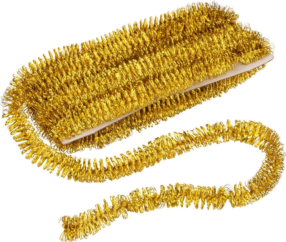 Metallisk guldfärgad girlang, lindad på ett kort. Glänsande, flexibel och lätt, perfekt för julgranar, fester eller pyssel. Cirka 2 meter lång, 1 cm tjock.