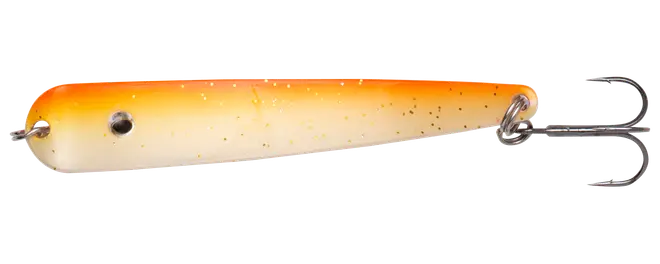 Lang hvid og orange fiskelokke med sort øje, metalring og bagmonteret trekrog.