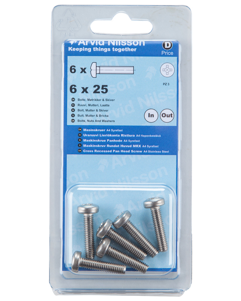 Arvid Nilsson Maskinskrue A4 PH M6 x 25 mm 6-pak