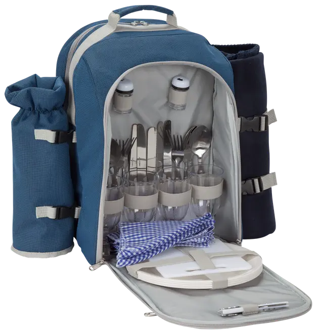 Blå picnicrygsæk med rum, indeholder bestik, tallerkener, glas, servietter, salt- og peberbøsser samt flaskeholdere. Designet til fire personer, ideel til udendørs spisning.