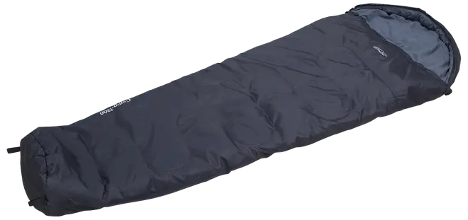 Mørkeblå sovepose i mumieform med hætte, isoleret for varme, letvægt og velegnet til camping eller udendørs brug. Blød inderside og slidstærkt ydermateriale.