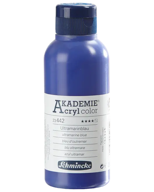 500 ml flaska Schmincke Akademie Acrylfärg i ultramarinblå, med säker skruvkork och tydlig märkning på flera språk på vit etikett.