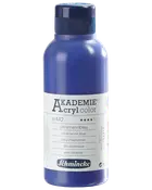 500 ml flaska Schmincke Akademie Acrylfärg i ultramarinblå, med säker skruvkork och tydlig märkning på flera språk på vit etikett.