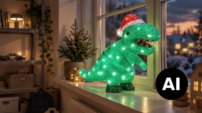 Grøn, lysende dinosaurjuledekoration med nissehue og LED-lys, placeret på en vindueskarm. - Billedet er skabt med AI