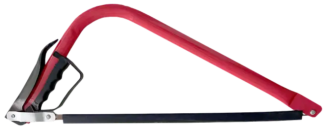 Röd bågsåg i metall med svart ergonomiskt handtag och långt, rakt blad för träkapning. Stabil ram ger effektiv sågning.
