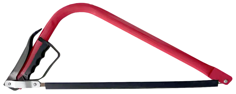 Rød buesav i metal med sort ergonomisk håndtag og langt, lige savblad til træskæring. Robust ramme giver stabilitet og effektiv savning.