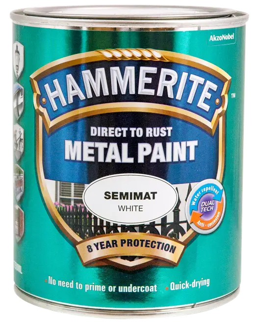 Hammerite Direct to Rust Metal Paint, semimat hvid, 8 års beskyttelse, vandafvisende, anti-korrosion, ingen grunding nødvendig, hurtigtørrende, egnet til metaloverflader.