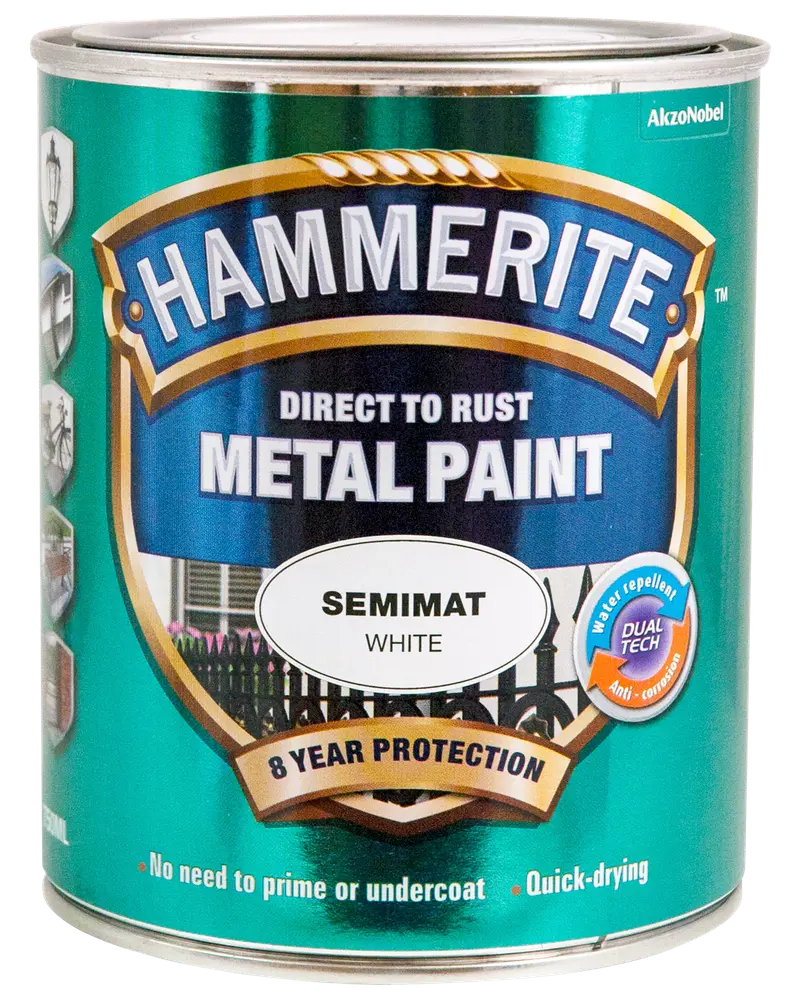 Hammerite Direct to Rust Metal Paint, semimat hvid, 8 års beskyttelse, vandafvisende, anti-korrosion, ingen grunding nødvendig, hurtigtørrende, egnet til metaloverflader.