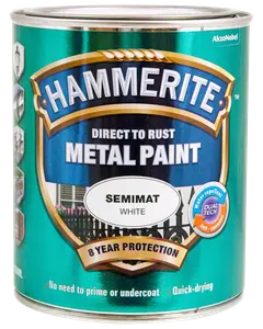 Hammerite Direct to Rust Metal Paint, semimat hvid, 8 års beskyttelse, vandafvisende, anti-korrosion, ingen grunding nødvendig, hurtigtørrende, egnet til metaloverflader.