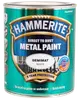 Hammerite sort metalmaling med hamret finish, direkte på rust, 8 års beskyttelse, vandafvisende, hurtigtørrende, ingen grunding nødvendig, egnet til udendørs metaloverflader.