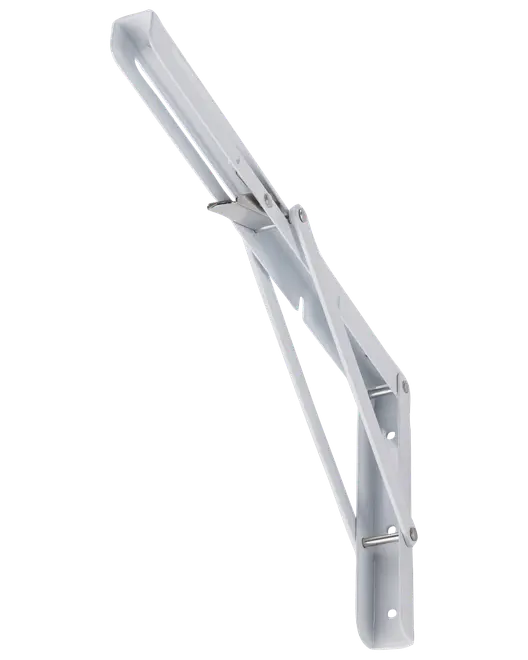 Hvid sammenklappelig metalbeslag med hængslet arm og vægplade, designet til at støtte hylder, borde eller nedfældelige flader.