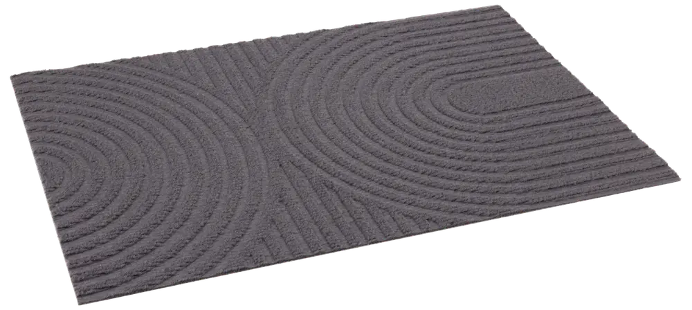 Rektangulär mörkgrå dörrmatta med texturerat koncentriskt bågmönster, tillverkad av slitstarkt material. Passar för inomhus- eller utomhusbruk, fångar smuts och fukt från skor.
