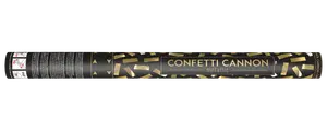 Metallisk konfettikanon i svart tub med gulddesign. Etiketten lyder 'Confetti Cannon metallic'. Perfekt för fest, sprider metallisk konfetti.